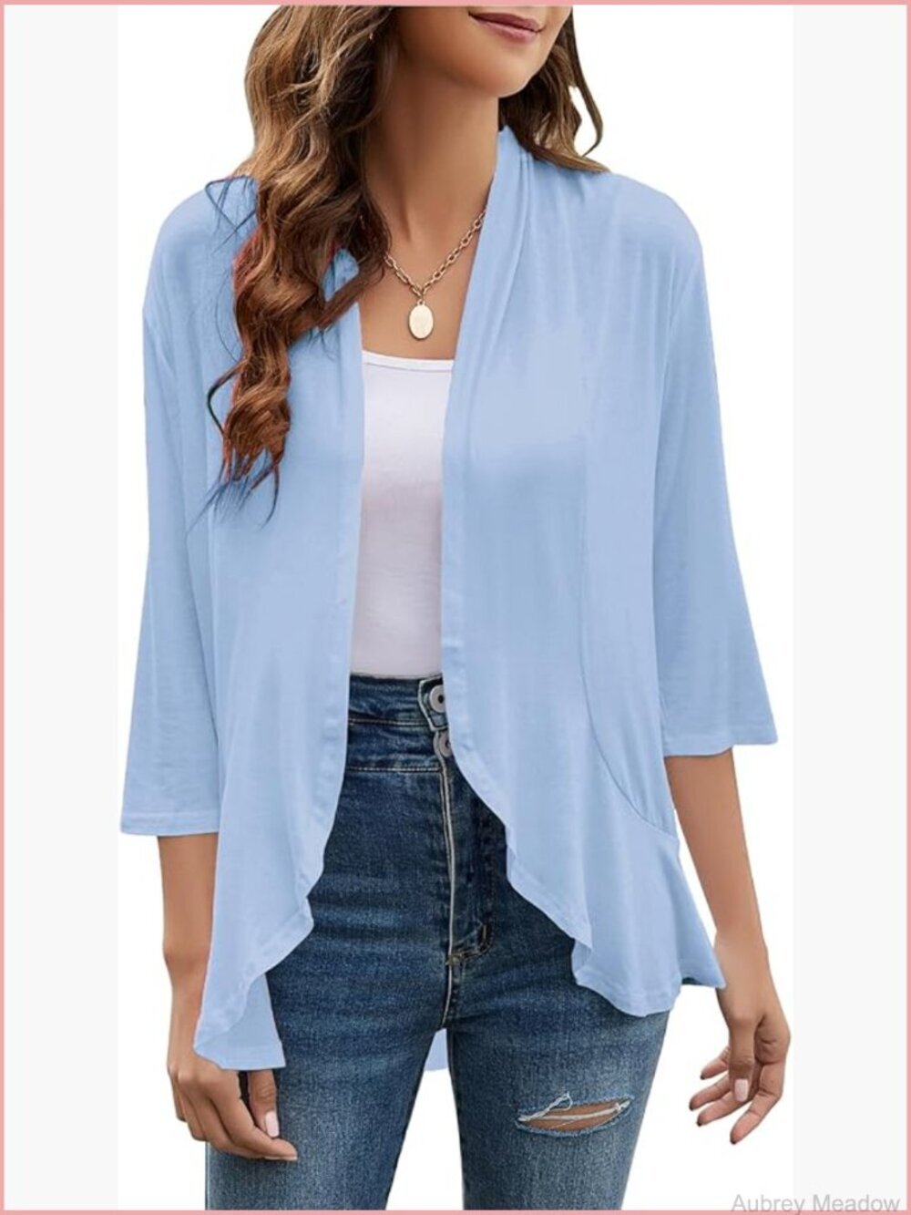 3/4 Sleeve Open Front Lightweight Ruffled Knit Cardigan